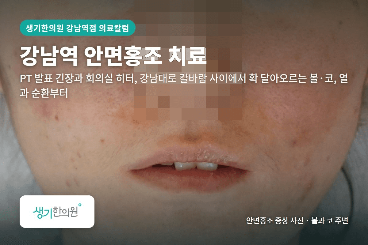 볼과 코 주변 안면홍조 증상 사진과 문구 「강남역 안면홍조 치료, PT 발표 긴장과 회의실 히터, 강남대로 칼바람 사이에서 확 달아오르는 볼·코, 열과 순환부터 · 생기한의원 강남역점」